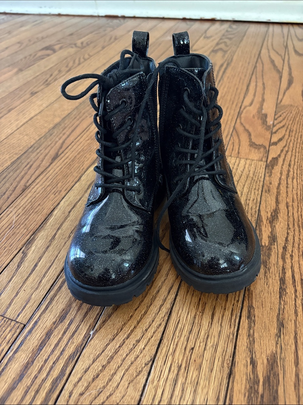 Dream Pairs Black Glitter Lace-Up/Zipper Combat Boots for Kids